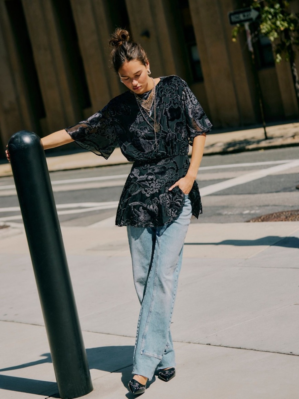 Free People Black Velvet Floral Mini Dress
